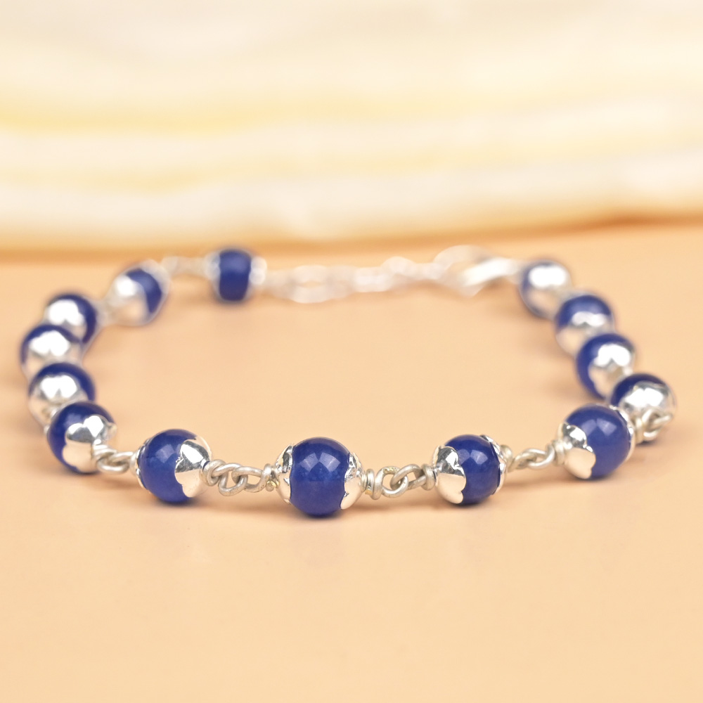 Blue Jade 925 Silver Flower Caps Bracelet - 6 mm