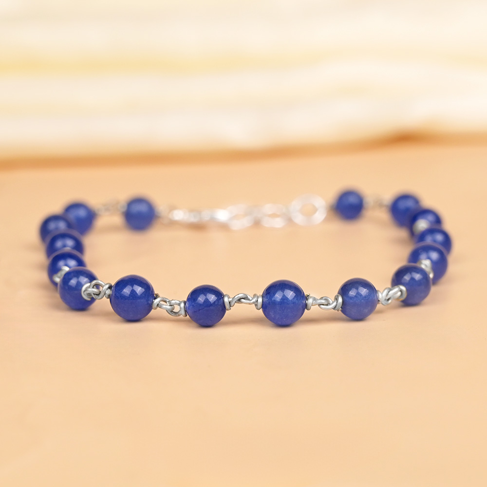 Natural Blue Jade 925 Silver Wire Bracelet - 6 mm
