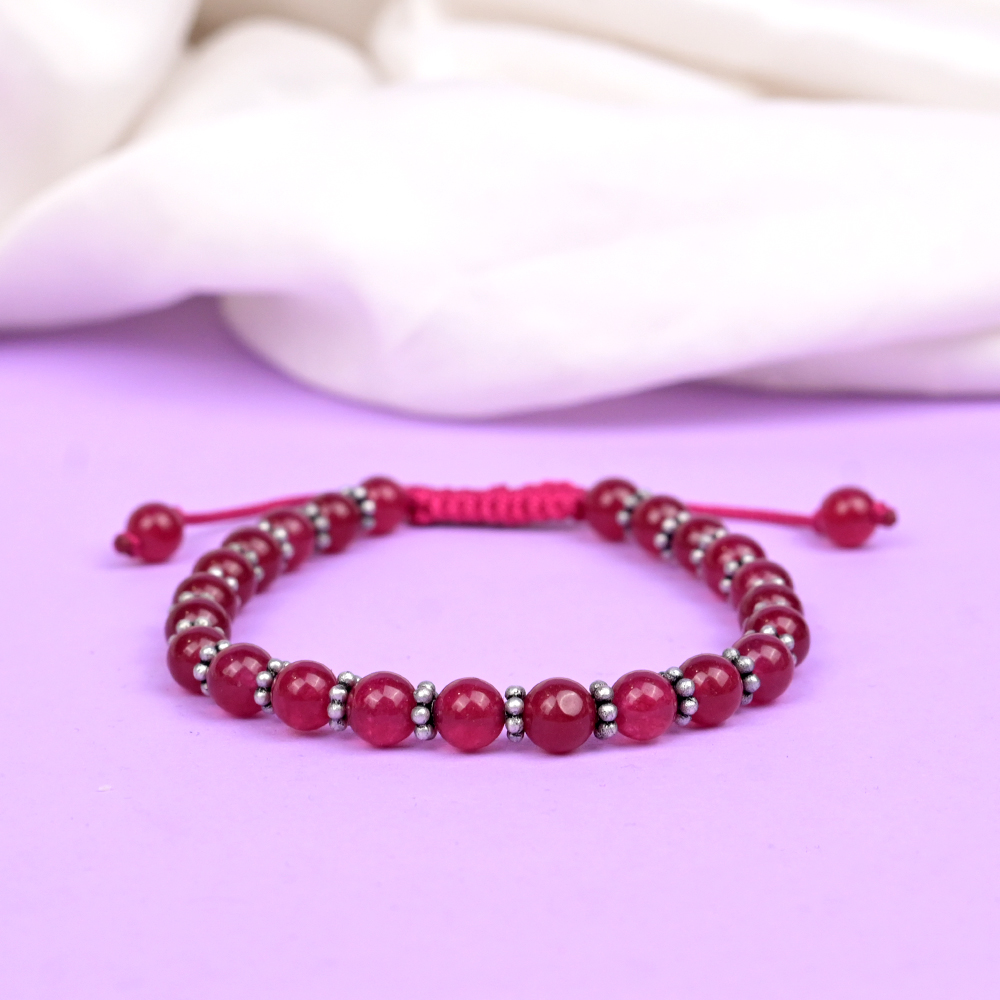 Pink Jade German Silver Chakri Bracelet - 6 mm