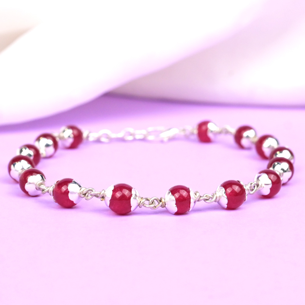 Pink Jade 925 Silver Flower Caps Bracelet - 6 mm