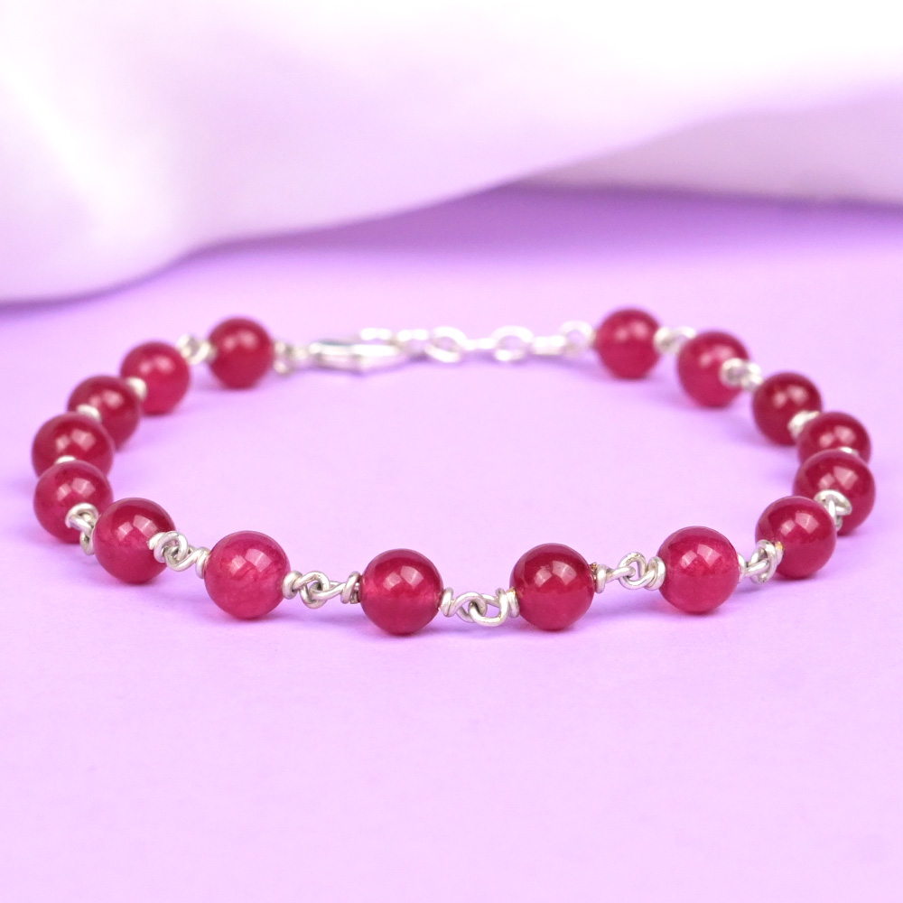 Natural Pink Jade 925 Silver Wire Bracelet - 6 mm
