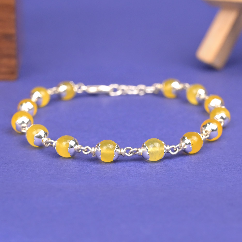Yellow Jade 925 Silver Flower Caps Bracelet - 6 mm