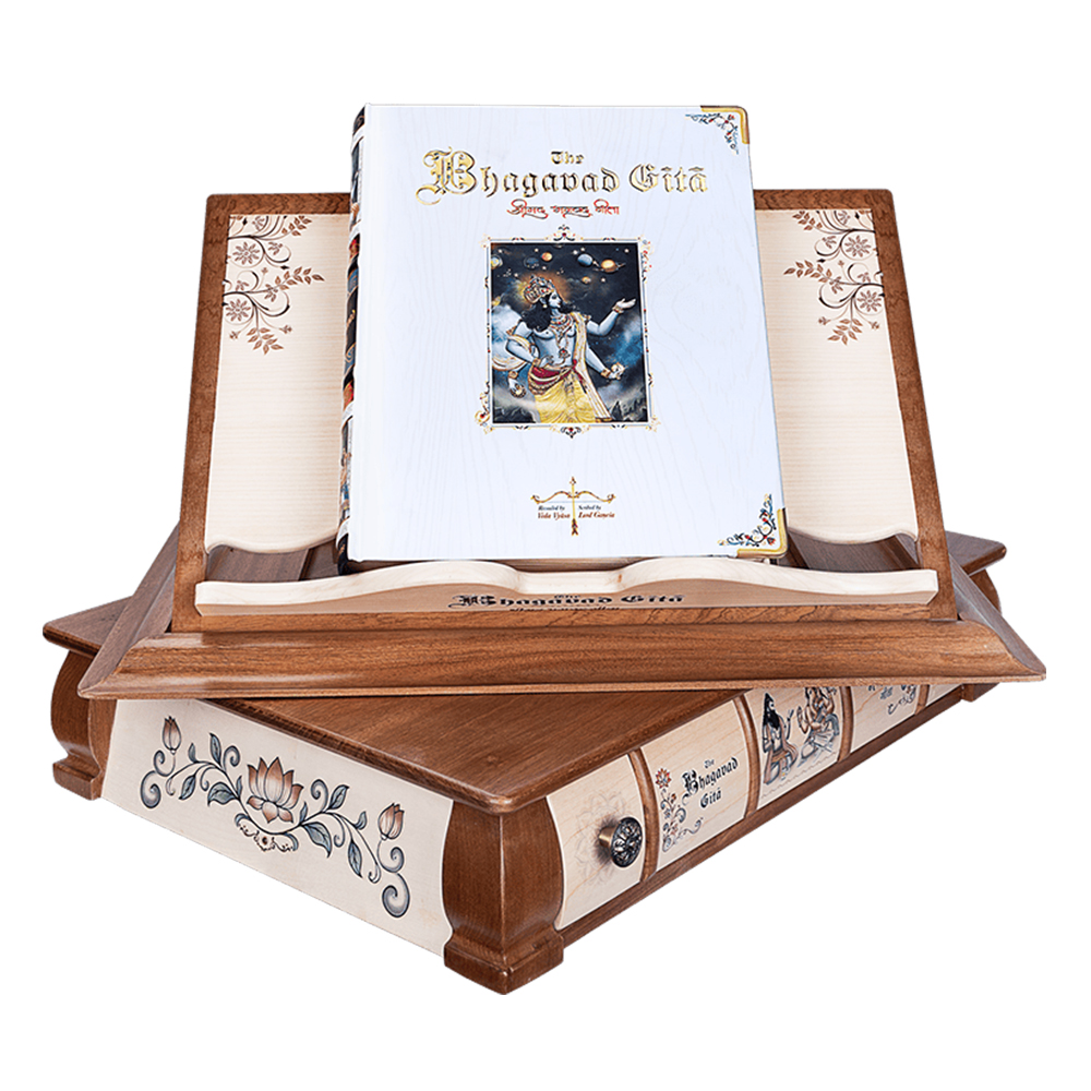 The Bhagavad Gita Book With Wooden Hut Reading Stand by Vedic Cosmos – English & Hindi – Signature Edition