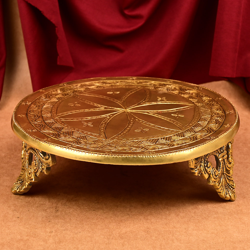 Brass Designer Clover Round Puja Chowki