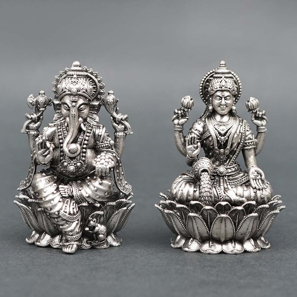 Kamal Lakshmi Ganesh Set 925 Silver Idol (Oxidized)