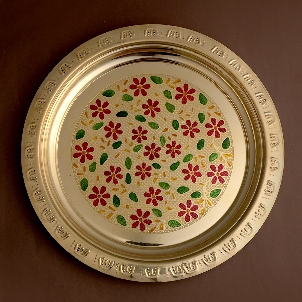 Brass Meenakari Flower Design Puja Thali
