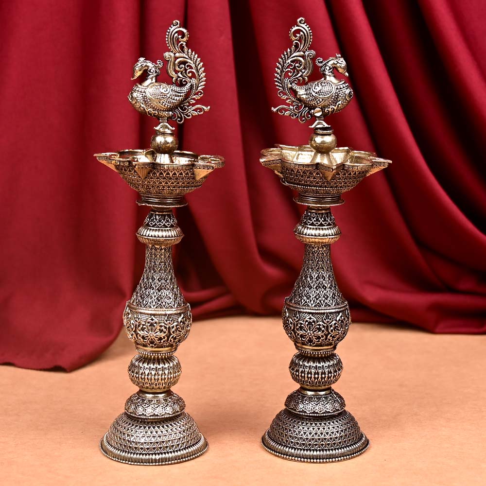 Ashtadhatu Peacock Samai Oil Lamp Set of 2