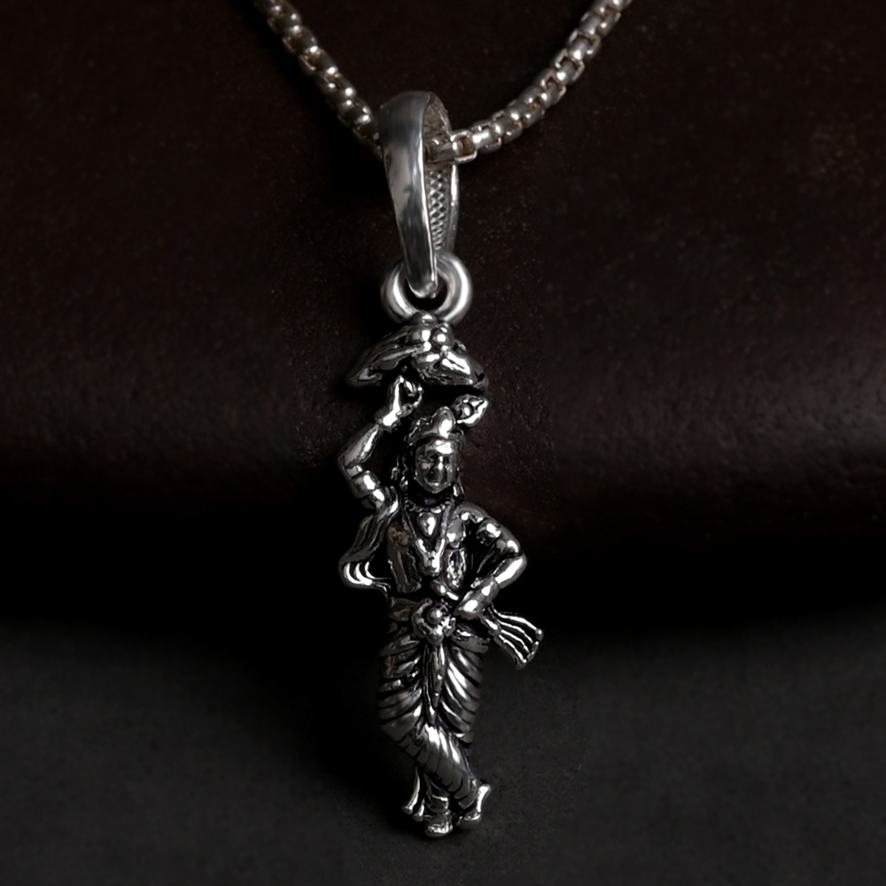 Krishna Lifting Govardhan Parvat 925 Silver Pendant