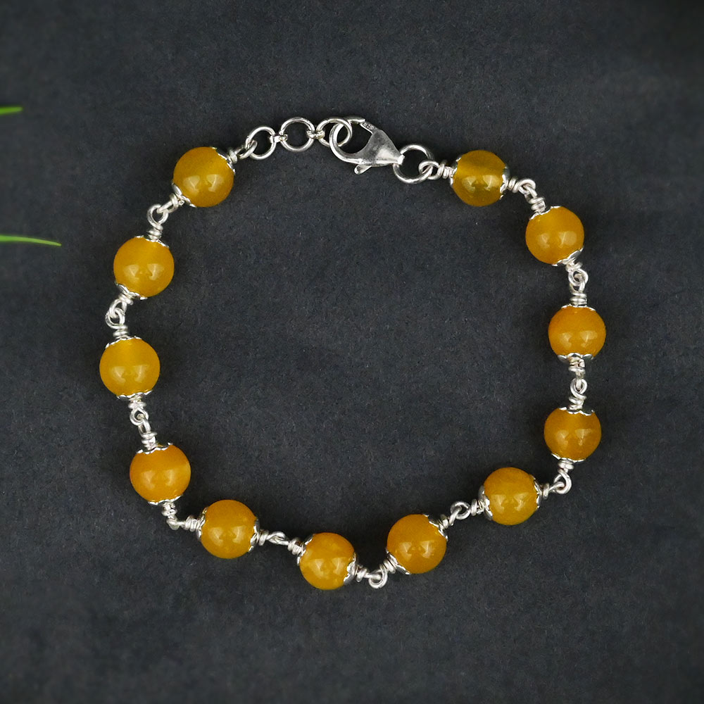 Yellow Agate Bracelet in Pure Silver Flower Caps