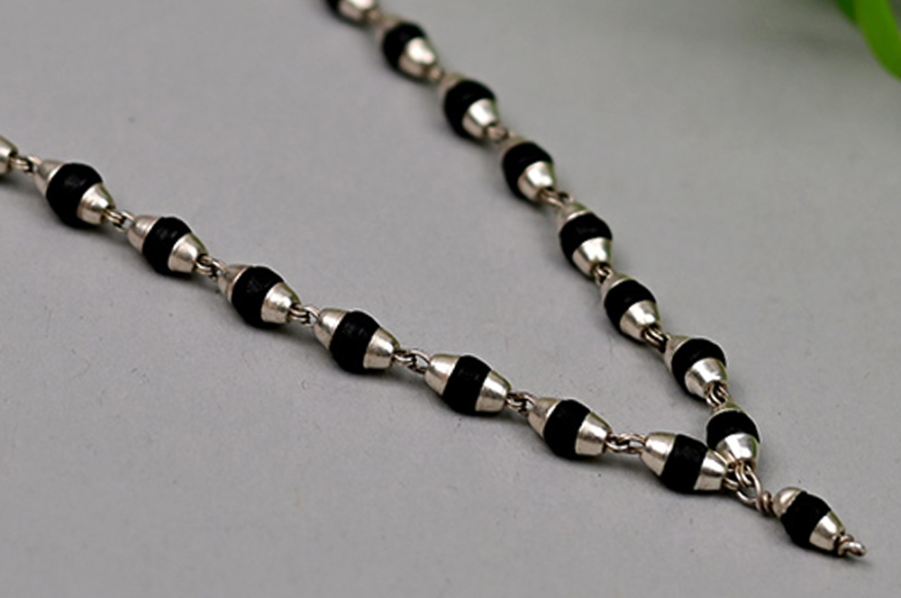 Black Tulsi Mala in Silver Conical Caps