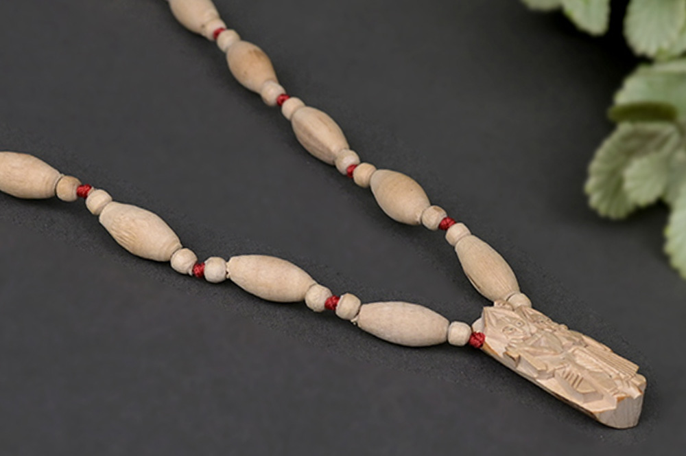Tulsi Mala Lingam Shape Beads With Carved Radha Krishna Tulsi Pendant