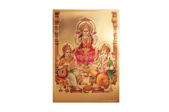 Ganesh Lakshmi Saraswati Photo in Golden Sheet - Large