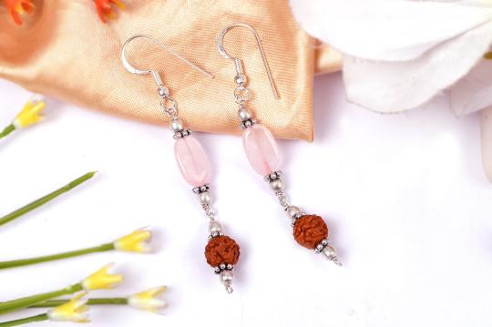 Rose Quartz and Rudraksha Earring