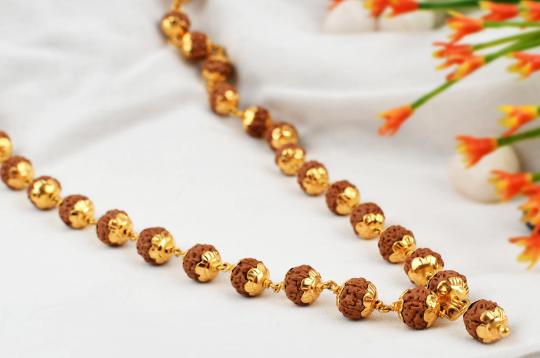 Rudraksha Chikna Mala (8 mm) in Designer 22K Gold Flower Caps