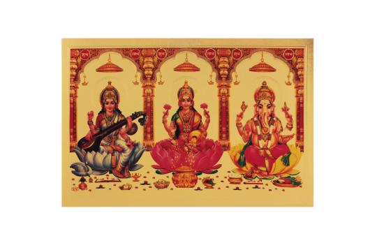 Ganesh Lakshmi Saraswati Photo in Golden Sheet - Large IV