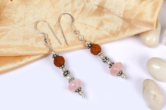 Rudraksha and Rose Quartz Earring
