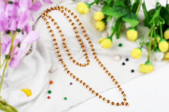 Rudraksha Chikna Mala 7 mm in designer Gold Flower Caps