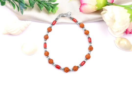 Cylindrical Coral with Rudraksha Beads Bracelet - II