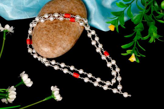 Pearl and Drum shape Coral mala in silver capping