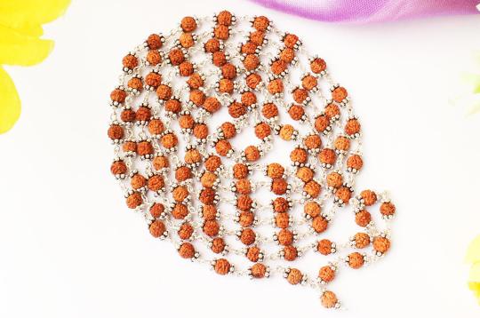 Rudraksha punchmukhi mala in silver with silver chakris