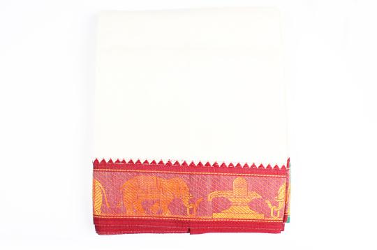 Red Green off White Dhoti - Elephant and Lingam Border
