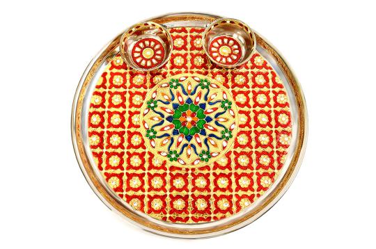 Designer Puja Thali with Haldi Kumkum Containers - II