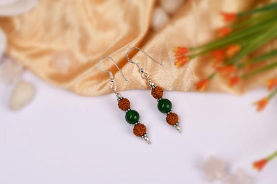 Rudraksha and Green Jade earring