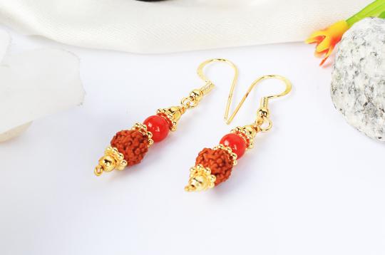 Rudraksha and Coral in Gold Earring Set