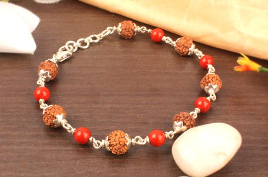 6 mukhi with Coral bracelet in silver caps