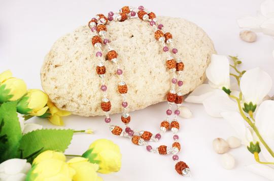 3 mukhi with Ruby mala in silver designer caps