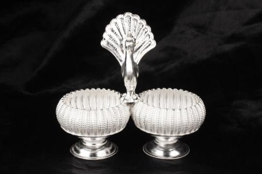 Peacock Haldi Kumkum Container in Pure Silver