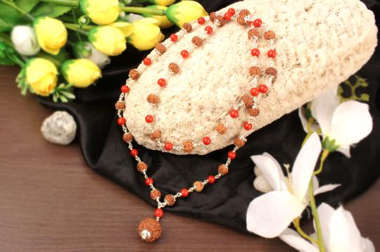 6 mukhi with Coral mala in silver caps