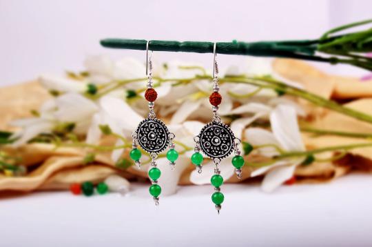 Rudraksha and Green Jade earring - I