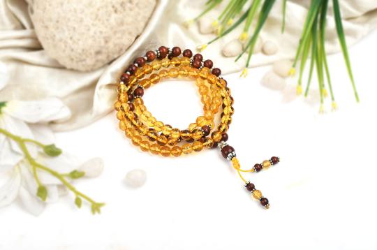 Yellow Citrine and Red Sandalwood beads Mala
