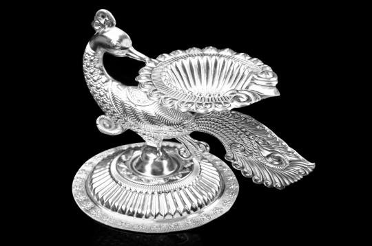 Peacock Oil Lamp in Pure Silver - I