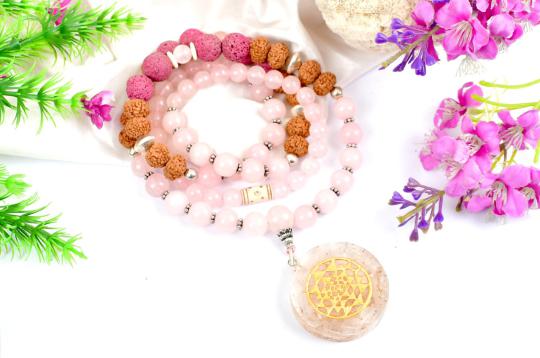 7 Mukhi Rudraksha and Rose Quartz Mala