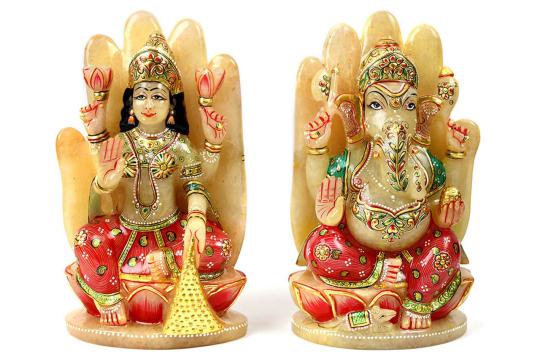 Divine Laxmi Ganesh on hand figurine in Yellow Jade
