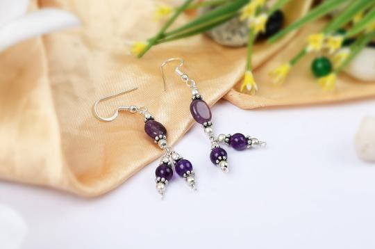 Triple bead Amethyst Earring