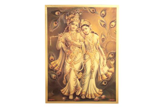 Radhe Krishna with Peacock Feather Photo in Golden Sheet - Large
