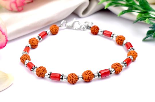 Cylindrical Coral with Rudraksha Beads Bracelet - I