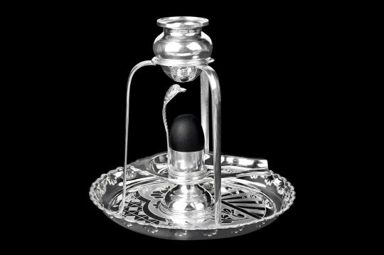 Pure Silver Abhishekam Set and Yone Base with black Narmada lingam