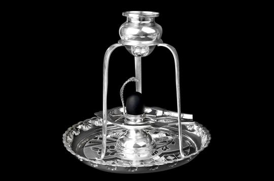 Pure Silver Abhishekam Set and Yoni Base with black Narmada lingam - I