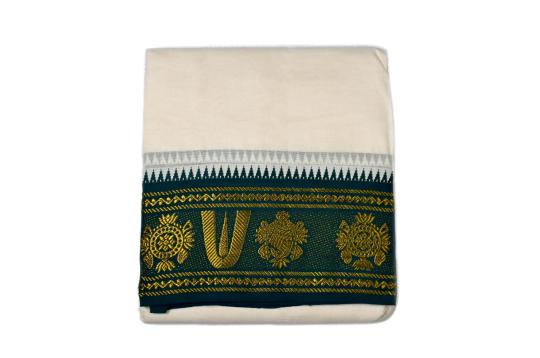 Dark Green Maroon Shanku Chakra Namam Design Puja Dhoti & Shawl Set