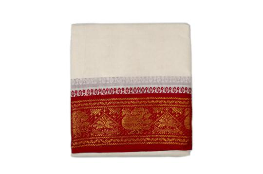 Maroon Green Golden Peacock Design Puja Dhoti & Shawl Set