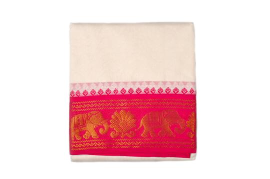 Pink Green Golden Elephant Design Puja Dhoti & Shawl Set
