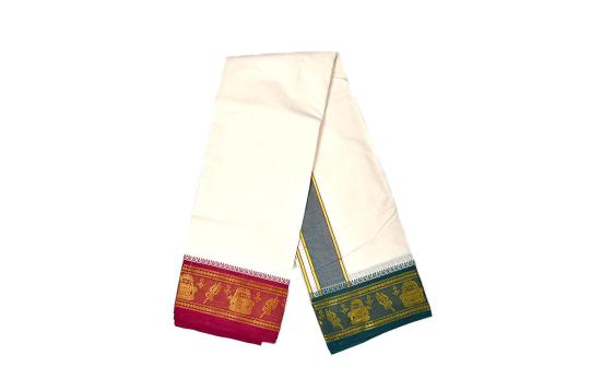 Dark Green Maroon Golden Shivling Trishul Design Puja Dhoti & Shawl Set
