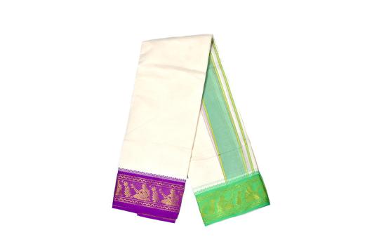Green Purple Saraswati Design Puja Dhoti & Shawl Set