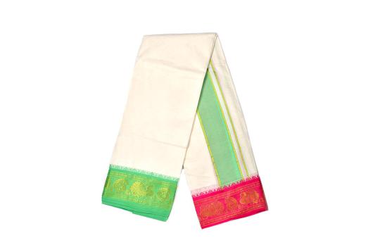 Pink Green Golden Peacock Design Puja Dhoti & Shawl Set
