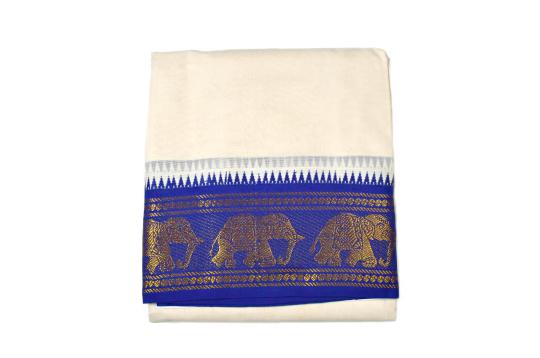 Purple Pink Golden Elephant Design Puja Dhoti & Shawl Set