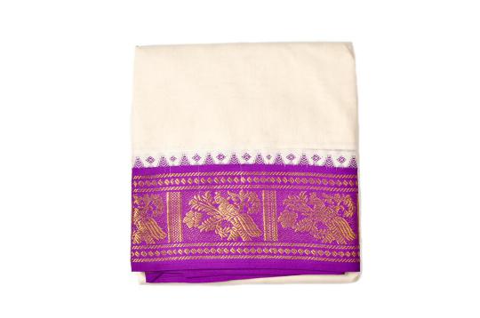 Purple Pink Parrot Design Puja Dhoti & Shawl Set